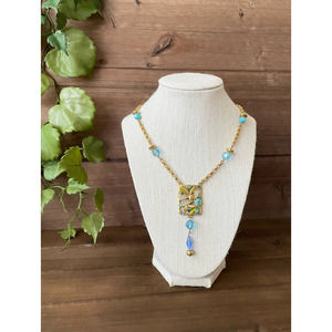 Rare Vintage Signed Swarovski Bee Necklace - Gold Plated - Green and Blue Floral